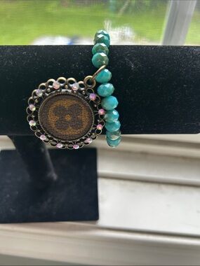 Keep It Gypsy Upcycled LV Quatrefoil Charm Turquoise Faceted Bracelet